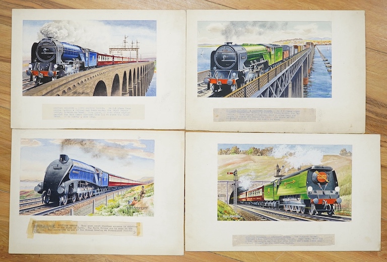 Alan Anderson, four original watercolours for postcards, Vintage Steam Trains, ‘A1 class Queen of Scots’, ‘Southern Region Golden Arrow’, ‘A2 class Barham’ and ‘A4 Pacific Union of South Africa, three signed, mounted, 24